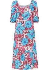 Neu Midikleid Gr. 40/42 Pink Hellblau Geblümt Damen Midi Carmen-Kleid