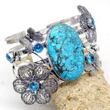 Brazalete brazalete hecho a mano de plata de ley 925 con piedras preciosas de turquesa y topacio