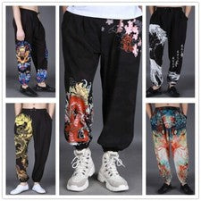 Hombres Harén Pantalones Pantalones Sueltos Informales Dragón De Colección Sueltos Moda Negros