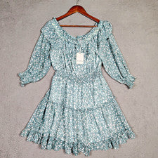 Vestido Fate Para Mujer Grande Azul Blanco Estampado Animal En Niveles Volantes Fuera del Hombro Nuevo con Etiquetas