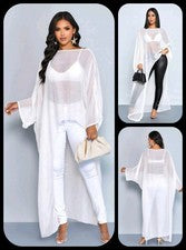 Sexy Maxi Camisa/Vestido Para Mujer Blanco Chifón Dorado Brillante Abertura Lateral ML