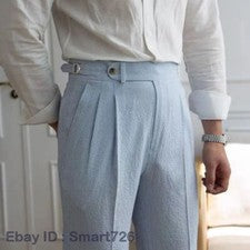 Pantalón Traje Estilo Italiano Nápoles Hombre Azul Rayas Seersucker Cintura Alta Informal