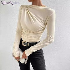 Mujer Color Sólido Slim Fit Base Camisa Albaricoque Moda Manga Larga Camiseta