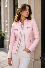 Chaqueta de Cuero Café Racer Para Mujer Bebé Rosa Piel de Oveja Moto Calce Ajustado Cremallera Abrigo