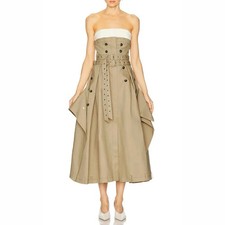 Moda Para Mujer Vestido Sin Tirantes Trench Midi Cinturón Con Botones Beige Elegante