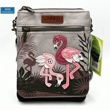 BOLSO BANDOLERA BOLSO BANDOLERA DOBLE BOLSILLO LONA PÁJARO GRUPO FLAMENCO RFID GRIS CHALA
