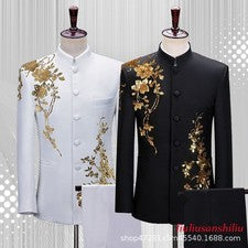 Traje de hombre con cuello alto chaqueta negra estilo chino abrigo de un solo pecho pantalones