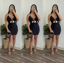 Mini Vestido TRESSER Para Mujer Moda Boutique Halter Negro Acanalado Club/Fiesta