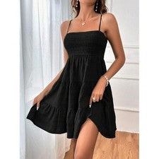 Mini Vestido Para Mujer Negro con Correa de Espagueti Calado Verano con Volantes Ropa Informal M