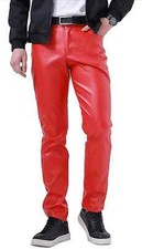 Pantalones de mezclilla de motociclista para hombre de cuero rojo real o de vaca elegantes y sexy estilo 501 nuevos