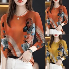 Camiseta para mujer manga larga estampada base ajustada cuello redondo informal top para vacaciones