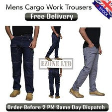 Pantalón Hombre Ropa de Trabajo Estilo Carga Talla 32 a 44 con Multi Bolsillos Gris y Azul