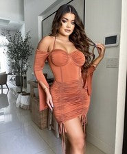 Mini Vestido Para Mujer Moda Boutique Naranja Óxido Acanalado Manga Larga Club/Fiesta