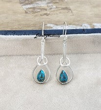 Pendiente Turquesa Cobre Azul Plata de Ley 925 Sólida Piedras Preciosas Naturales MO731