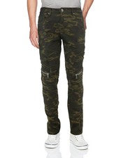 Pantalones de mezclilla para hombre ajustados acolchados elásticos moda moto cremallera (camuflaje oliva, 32x32)