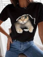 Lindo Gato Gráfico Negro 3D Informal Manga Corta Camiseta Mujer Moda Camiseta