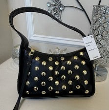 Bolso de Hombro Steve Madden Negro Tachonado Cremallera Dorado Herrajes Forrado Bolsillos Internos