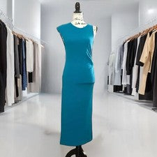 Vestido para mujer ZARA azul midi cuello redondo drapeado sin mangas abertura lateral talla S