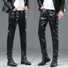 Pantalones ajustados ajustados informales punk para motociclista de cuero sintético para hombre