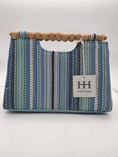 Bolso sin asas Haute Hippie con asa de cuentas de madera Bolso boho de verano tejido a rayas azules