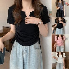 Elegante camiseta de mujer con cuello en V cordón manga corta monocromática moda parte superior