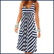 Moda Vestido a Rayas Verano Vestido Suelto Simple Vestido Sin Mangas Mujer