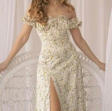 Vestido midi de playa con abertura ajustada falbala al hombro floral de moda para mujer