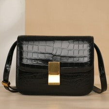 Bolso de hombro para mujer de cuero de cocodrilo genuino negro