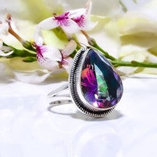 Anillo arco iris místico topacio fuego piedras preciosas 925 plata esterlina joyería hecha a mano.