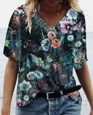 Blusa De Mujer Camiseta De Verano Bohemio Flores Moda Suelta Manga Corta V Tops