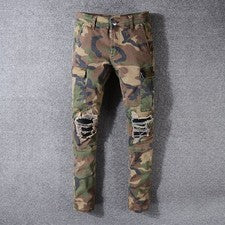 Pantalones de mezclilla rasgados de camuflaje ajustados para hombre estilo militar elásticos deshilachados con parche de