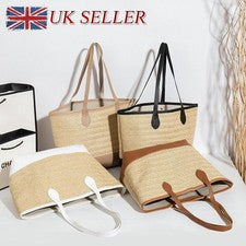 Bolso de Playa para Mujer Bolso de Mano de Paja Tejido de Verano Bolso de Mano Cesta Grande Bolso de Hombro