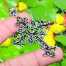 Cruz-Peridoto Piedras Preciosas Hecho a Mano Plata de Ley 925 Joyería Colgante 2.68" h788