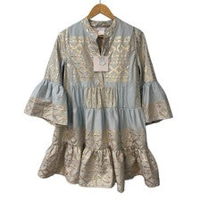 Mini Vestido Lace the Brand Para Mujer Pequeño Azul Dorado Cuello en V Mangas 3/4 Niveles Nuevo
