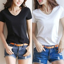 Camiseta de moda para mujer cuello redondo cuello en V color liso manga corta