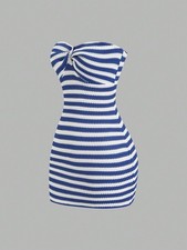 Minivestido bodycon bandeau de punto sin espalda a rayas en contraste para mujer, cintura