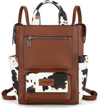 Cartera mochila convertible de cuero vegano con estampado de vaca con diseño antirrobo