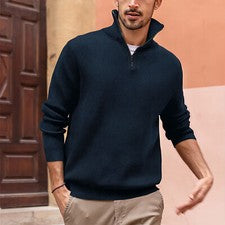 ⭐Polo Hombres Azul Oscuro Cremalera Cuello Alto Rayas Moda Manga Larga Camiseta