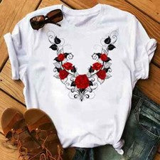 Verano Mujeres Camiseta Retro High Street Rosa Camiseta Manga Corta Moda Cuello en O