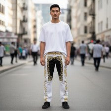 Pantalones de mezclilla de moda para hombre con estampado barroco dorado calce ajustado nuevos con etiquetas