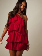 "Minivestido con volantes escalonados con escote halter, espalda abierta y encuadernado"