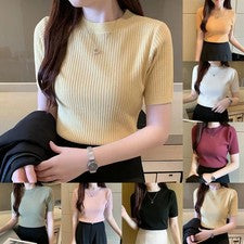 Mujer Verano Para Ocio Slim Camisetas Manga Corta Punto Tops Moda Estilo