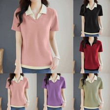 Pullover de manga corta suelto de longitud regular para mujer solapa falsa de dos piezas