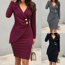 Mujeres Botón Cuello en V Envolvente Vestido Midi Damas Manga Larga Trabajo OL Bodycon Vestido Reino Unido