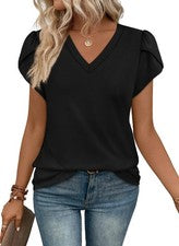 Camisas de verano para tops manga corta cuello en V 2025 moda pétalo negro...