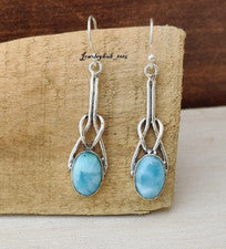 Pendientes ovalados Larimar de plata de ley 925 pendientes para mujer piedras preciosas colgantes MO**