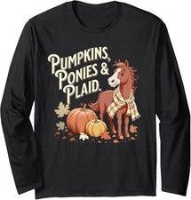 Linda camiseta de manga larga estilo temporada otoño ponis calabazas y cuadros