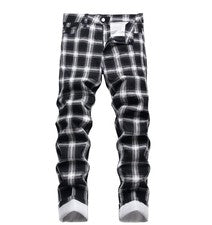Pantalones de mezclilla informales elásticos de pierna recta a cuadros blancos negros para hombre de moda