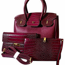 Borgoña 3 Piezas Cartera Bolso de Mano Conjunto Cocodrilo Repujado Mujer Cartera Muñequera Tono Dorado”
