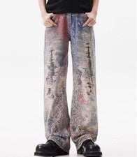 Pantalones de mezclilla azules para hombre Pantalones estampados coloridos Pantalones Moda Informal Motocicleta